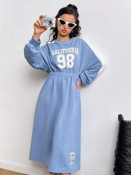 Teen Girls' Blue & White Color Block Letter Print Graphic Patch Knitted Crew Neck Long Sweatshirt Dress