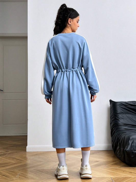 Teen Girls' Blue & White Color Block Letter Print Graphic Patch Knitted Crew Neck Long Sweatshirt Dress