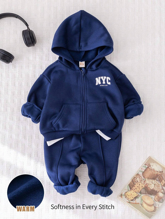 Cozy Pixies 2pcs Baby Boy Letter Graphic Hooded Sweatshirt And Elastic Cuff Pants Set