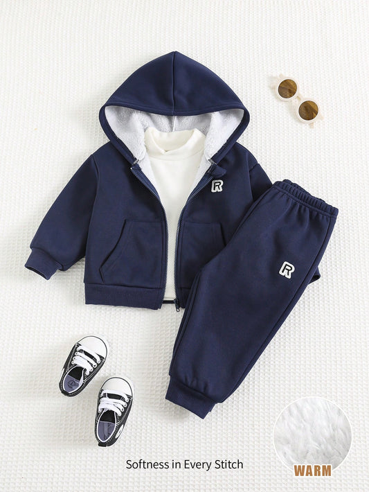 Cozy Pixies 2pcs/Set Baby Boy Letter Print Soft Knit Hoodie Jacket & Jogger Pants Set