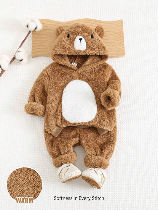 Cozy Pixies 2pcs/Set Baby Boy Cartoon Bear Pattern 3D Ear Hooded Long Sleeve Pullover Sweatshirt And Jogger Pants Set