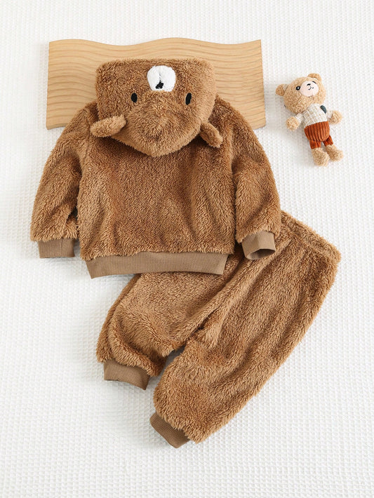 Cozy Pixies 2pcs/Set Baby Boy Cartoon Bear Pattern 3D Ear Hooded Long Sleeve Pullover Sweatshirt And Jogger Pants Set