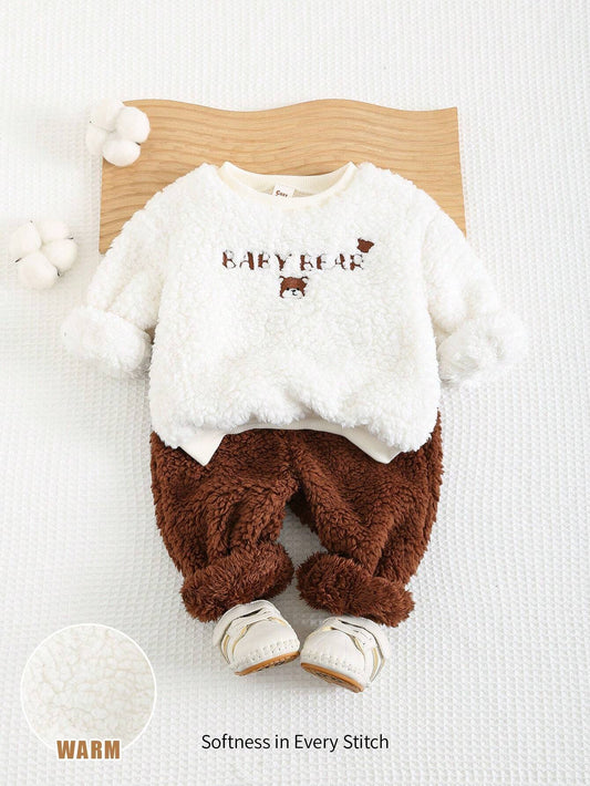 Cozy Pixies 2pcs Baby Boy Letter Graphic Thickened Fleece Crew Neck Pullover Sweatshirt And Jogger Pants Set