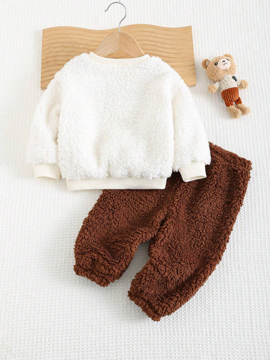 Cozy Pixies 2pcs Baby Boy Letter Graphic Thickened Fleece Crew Neck Pullover Sweatshirt And Jogger Pants Set