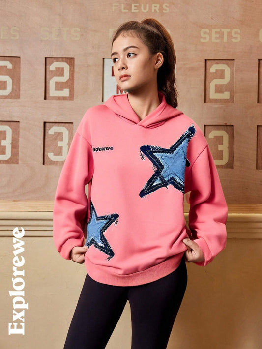 Explorewe 1pc Pink Teenage Girls/Youth Casual City Style Star Graphic Hoodie Sweatshirt