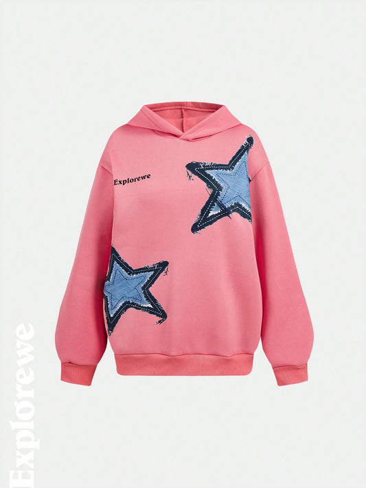 Explorewe 1pc Pink Teenage Girls/Youth Casual City Style Star Graphic Hoodie Sweatshirt