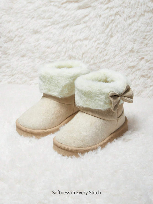 Cozy Pixies 1 Pair Beige Baby Girl Bowknot Fluffy Fashion Trend Warm Cute Comfortable Casual Sports Snow Boots