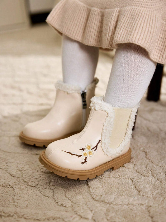 Cozy Pixies Fashionable & Versatile Cute Girl Design Embroidered Anti-Slip Warm Lined Baby Short Boots