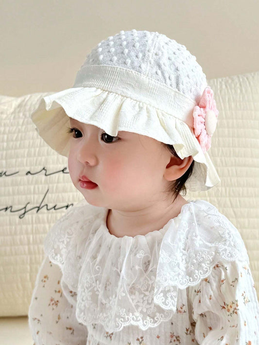 1pc Baby Girls' Princess Style Pink Sun Hat With Flower Decor For 6-20 Months Infants