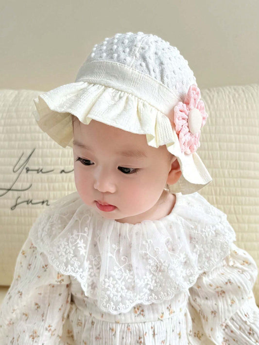 1pc Baby Girls' Princess Style Pink Sun Hat With Flower Decor For 6-20 Months Infants