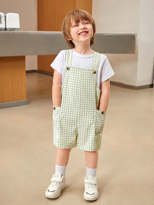 1pc Young Boys' Comfortable, Stylish, Simple And Practical Plaid Overalls