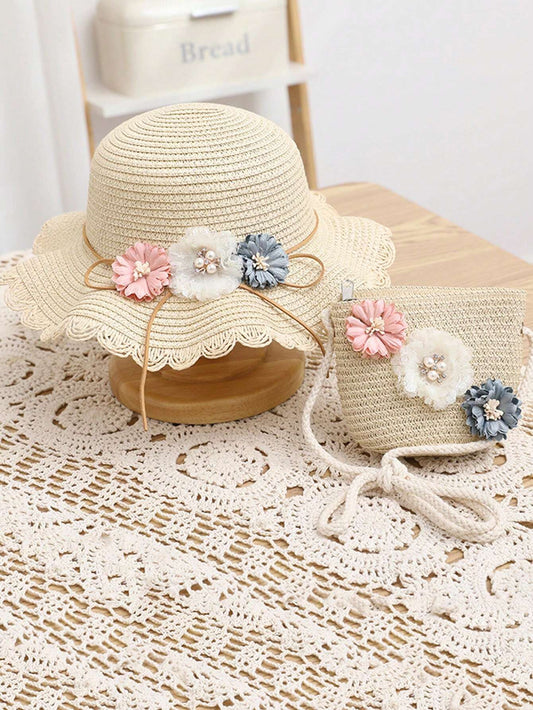 1set New Arrival Girls' Lovely Princess Hat & Floral Ribbon Tote Bag Set