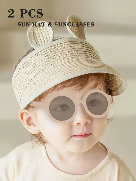 2pcs Set Children's Straw Sun Hat And Sunglasses