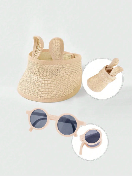 2pcs Set Children's Straw Sun Hat And Sunglasses