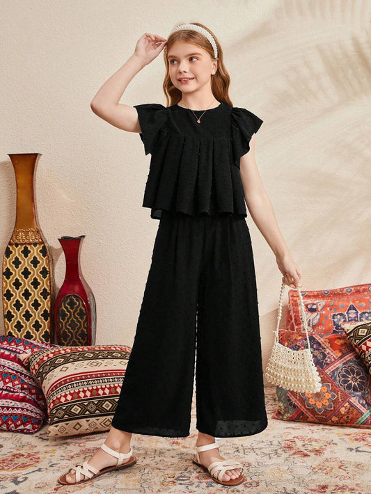 2pcs Set Tween Girls' Loose Casual Doll Collar Cap Sleeve Top And Long Pants