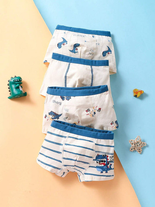 4pcs Set Young Boy Cartoon Dinosaur Pattern Printed Boxer Briefs For All Seasons