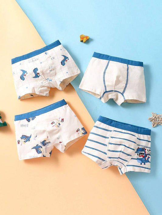 4pcs Set Young Boy Cartoon Dinosaur Pattern Printed Boxer Briefs For All Seasons