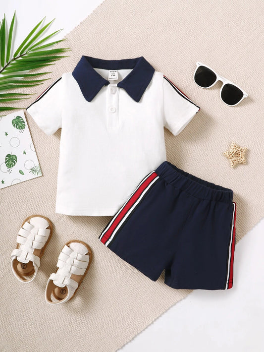 Baby Boy Contrast Collar Polo Shirt & Shorts