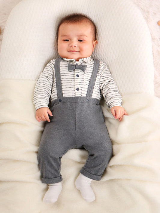 Baby Boy Striped Bow Front Bodysuit & Overalls