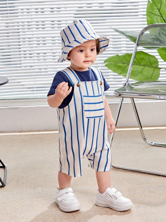 Baby Boy's Casual Cute Solid Short Sleeve T-Shirt And Striped Overalls Shorts Hat Set