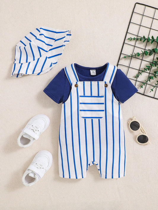 Baby Boy's Casual Cute Solid Short Sleeve T-Shirt And Striped Overalls Shorts Hat Set