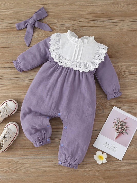 Baby Eyelet Embroidered Frilled Flounce Sleeve Jumpsuit & Headband