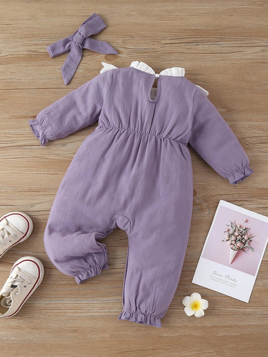 Baby Eyelet Embroidered Frilled Flounce Sleeve Jumpsuit & Headband