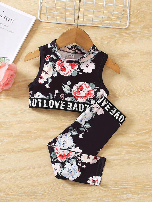 Baby Girl's Sports Yoga Round Neck Sleeveless Crop Top And Floral Printed Elastic Yoga Long Pants Set