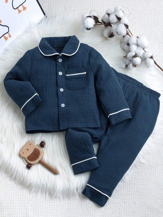 Infant Boys' Turn-down Collar Color Block Trimmed Button-up Pajamas Set