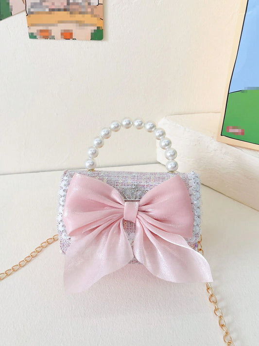 New Fashion Sequined Lace Bow Decorated Girl Messenger Bag Cute Faux Pearl Chain Handbag