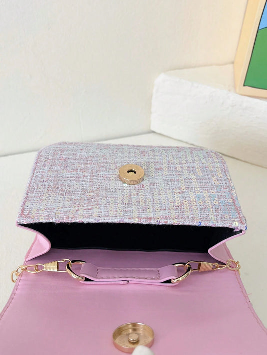 New Fashion Sequined Lace Bow Decorated Girl Messenger Bag Cute Faux Pearl Chain Handbag