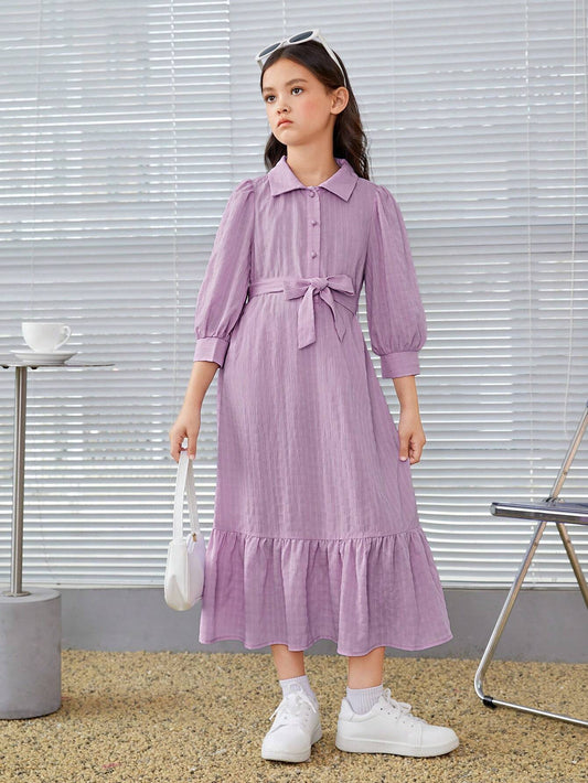 Tween Girl 1pc Ruffle Hem Belted Shirt Dress