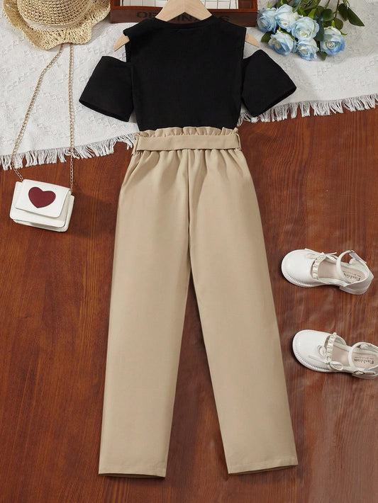 Tween Girl Cold Shoulder Tee & Paperbag Waist Belted Pants