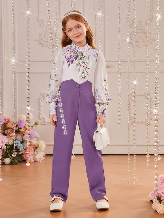 Tween Girl Floral Print Lantern Sleeve Blouse & Pants