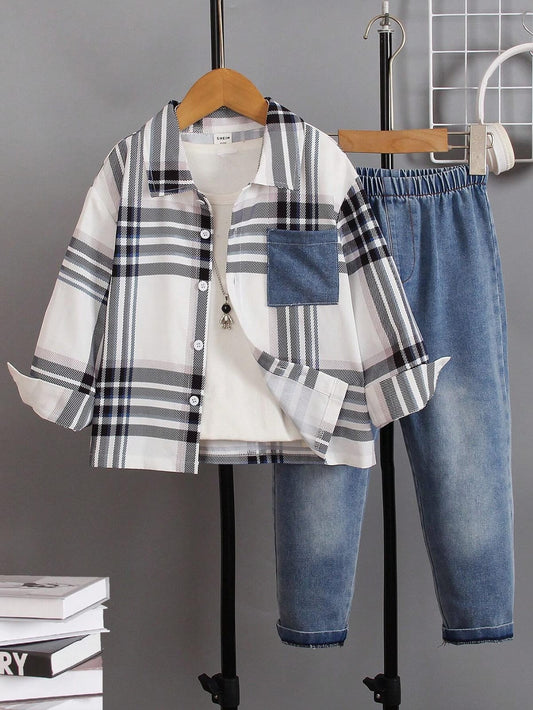 Young Boy Classic Plaid Collar Long Sleeve Shirt And Loose Jeans Outfit