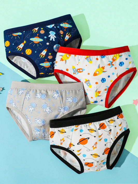 Young Boy 4pcs Cartoon Graphic Contrast Binding Brief