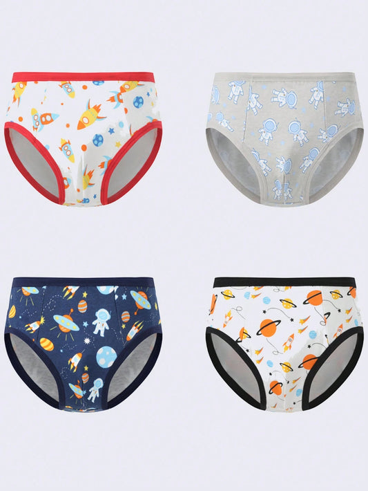 Young Boy 4pcs Cartoon Graphic Contrast Binding Brief