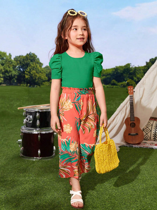 Young Girl Puff Sleeve Tee & Tropical Print Wide Leg Pants