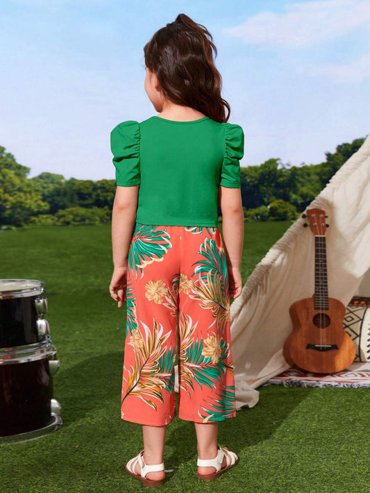 Young Girl Puff Sleeve Tee & Tropical Print Wide Leg Pants