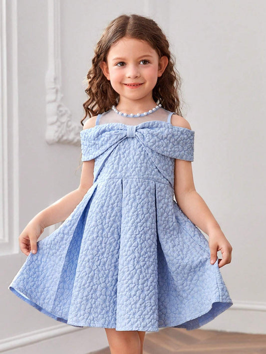 Young Girls Floral Jacquard Bow Front Fold Pleated Party Dress