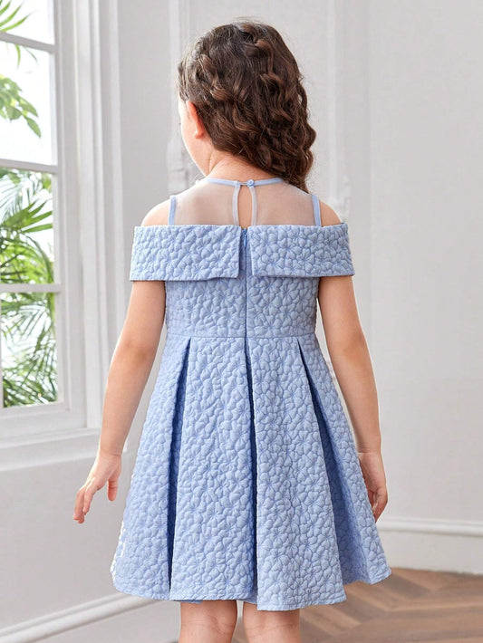 Young Girls Floral Jacquard Bow Front Fold Pleated Party Dress