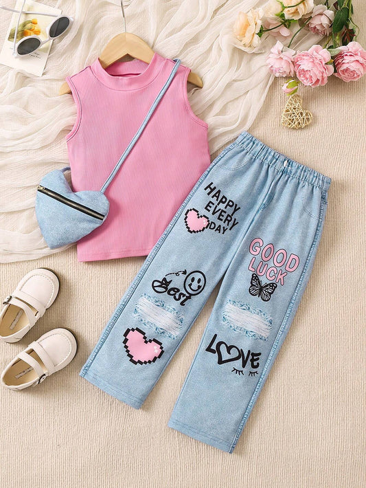 Young Girls' Sweet & Casual Fashionable Denim Style Printed Two Piece Outfit