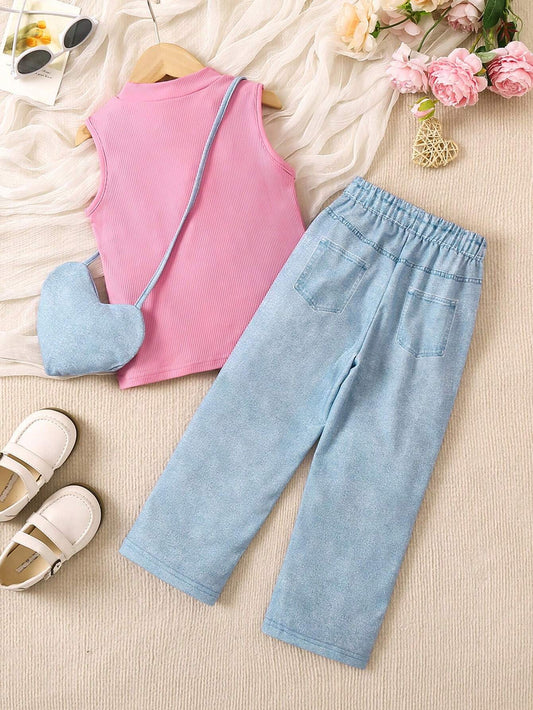 Young Girls' Sweet & Casual Fashionable Denim Style Printed Two Piece Outfit